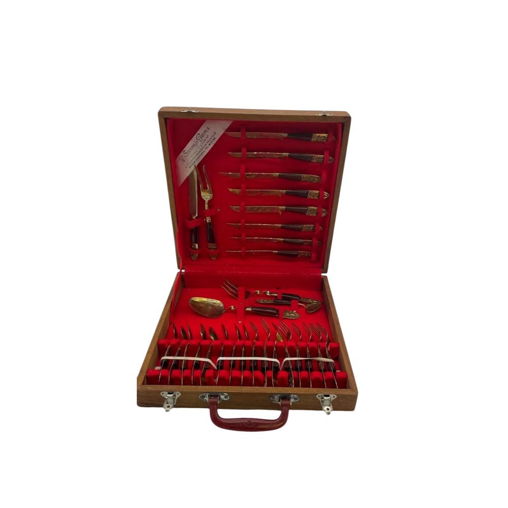 Vintage Siam Thailand 29-Piece Nickel Bronze Flatware Set in Velvet-Lined Box